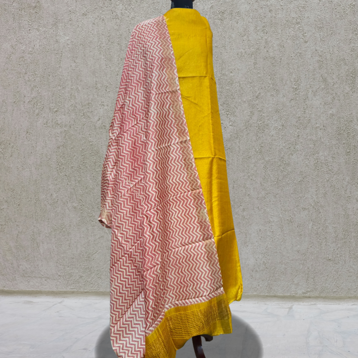 Yellow Tussar Silk Block Printed 2-Piece Suit Set with Red Dupatta